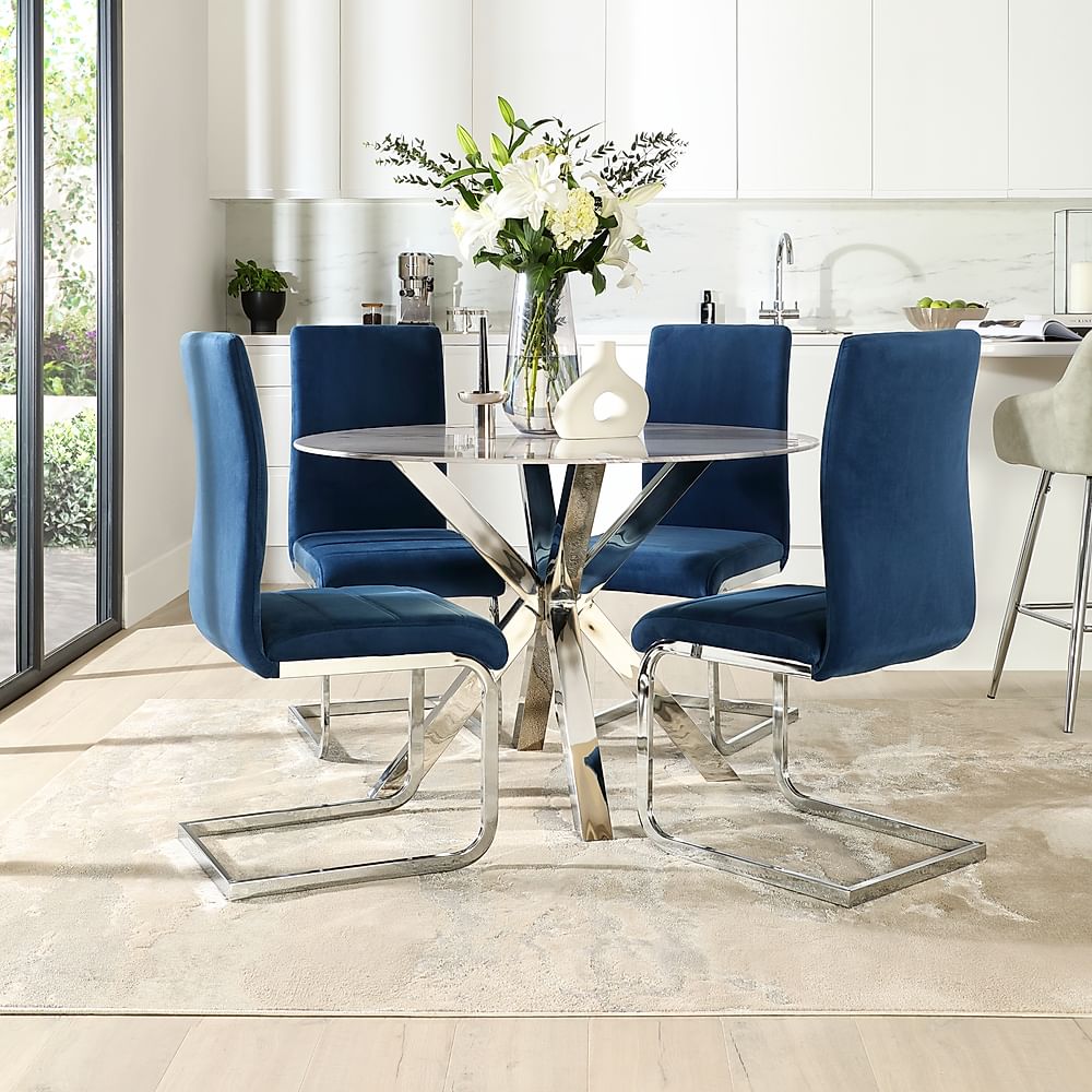 Plaza Round Dining Table And 4 Perth Chairs Grey Marble Effect And Chrome