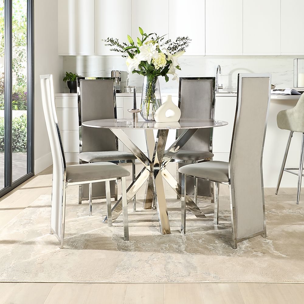 Plaza Round Dining Table & 4 Celeste Chairs, Grey Marble Effect ...