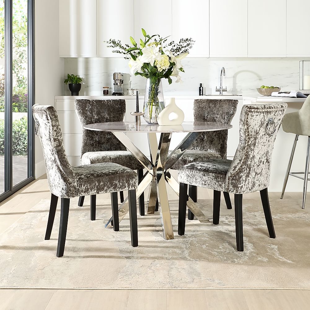 Plaza Round Dining Table & 4 Kensington Chairs, Grey Marble Effect ...