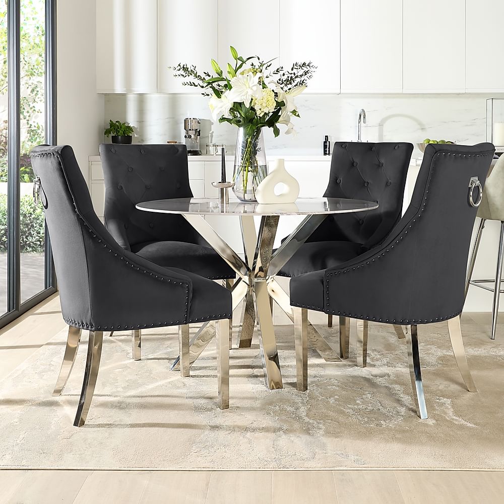 Plaza Round Dining Table And 4 Imperial Chairs Grey Marble Effect And Chrome Black Classic Velvet 7476