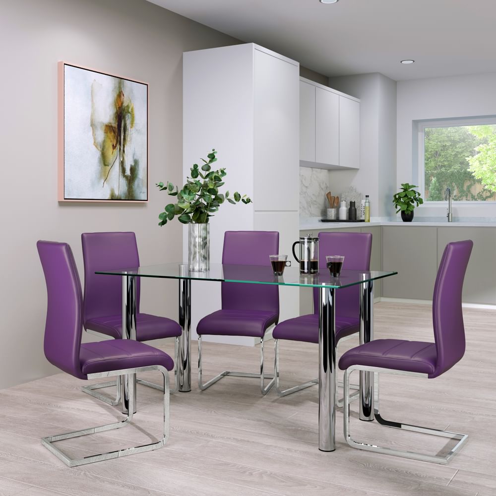 Lunar Dining Table & 6 Perth Chairs, Glass & Chrome, Purple Classic Faux Leather, 140cm