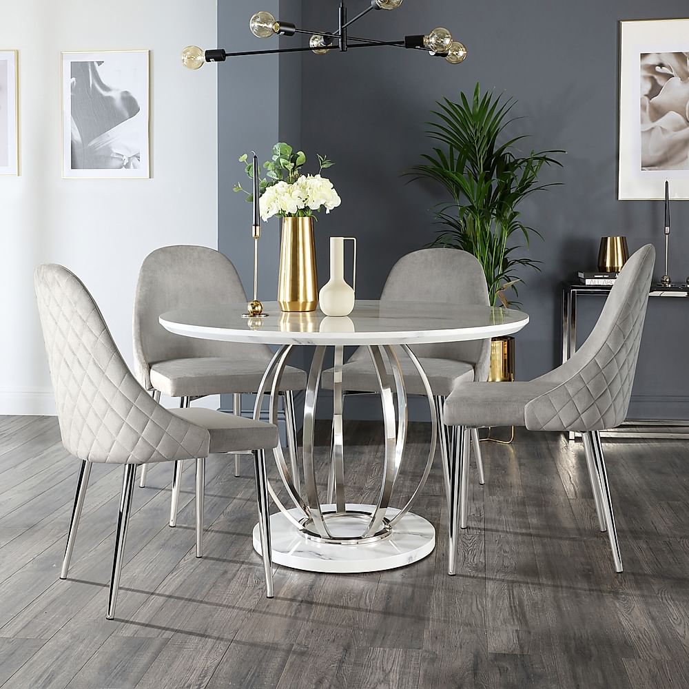 Savoy Round Dining Table And 4 Ricco Chairs White Marble Effect And Chrome