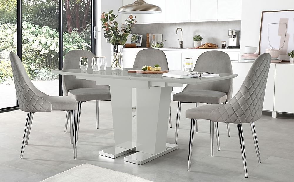 Vienna Grey High Gloss Extending Dining Table With 6 Ricco Grey Velvet Chairs Furniture And Choice