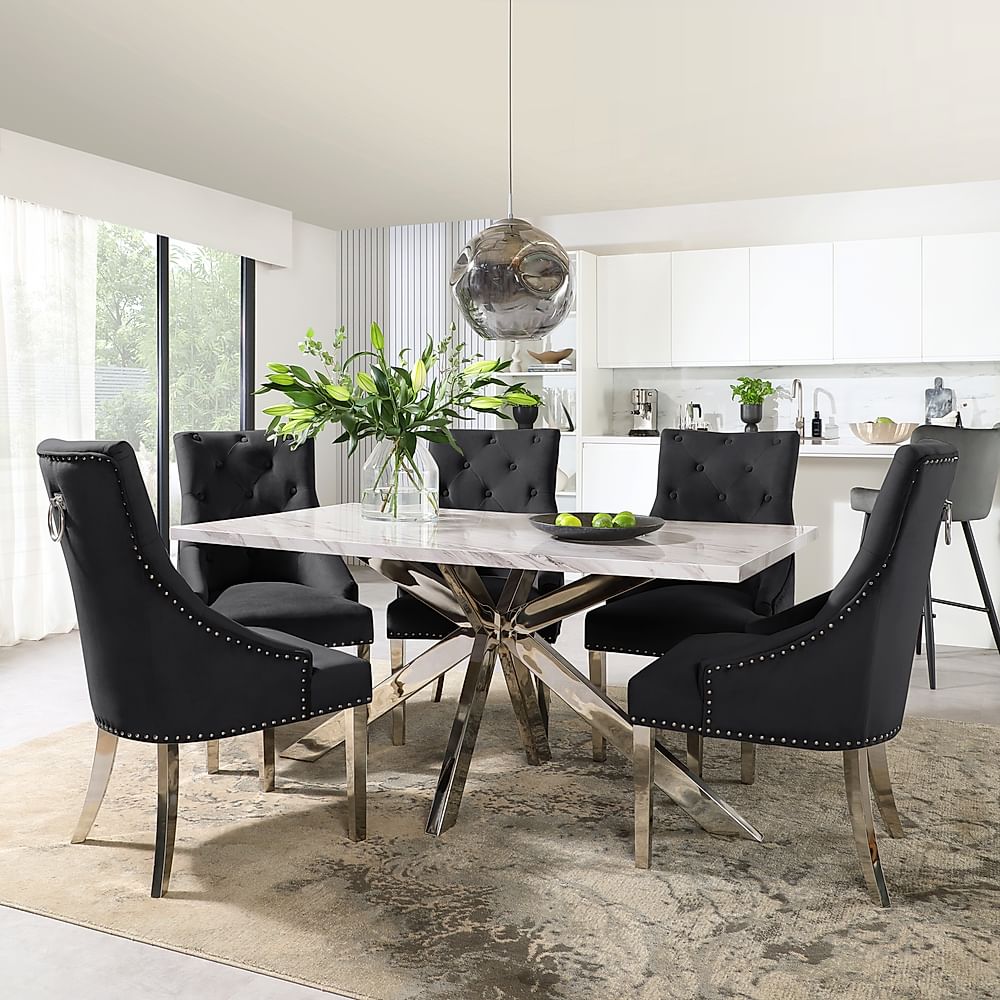 Zurich Grey Marble and Chrome Dining Table with 6 Imperial Black Velvet ...