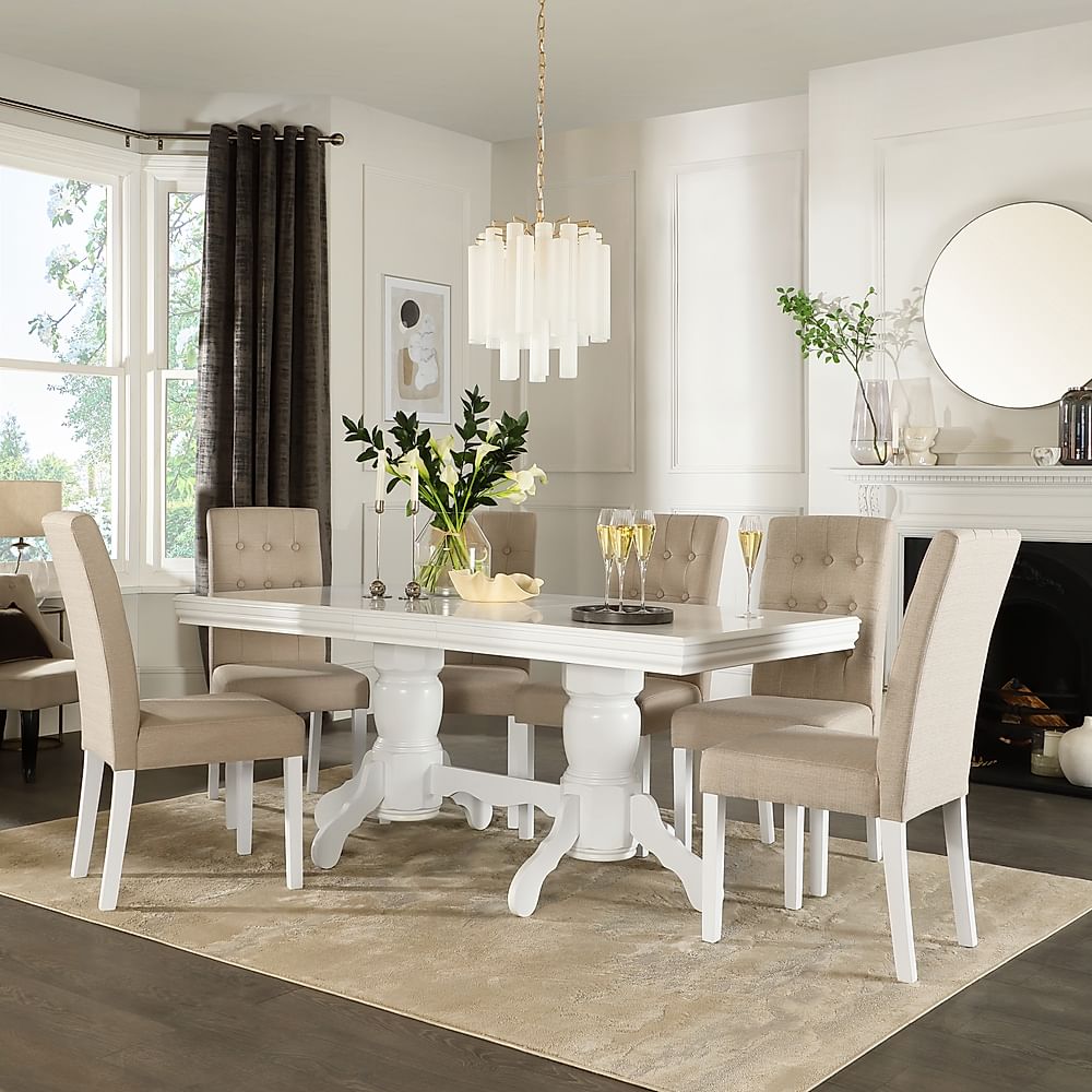 Chatsworth Extending Dining Table & 8 Regent Chairs, White Wood, Oatmeal Classic Linen-Weave Fabric, 150-180cm