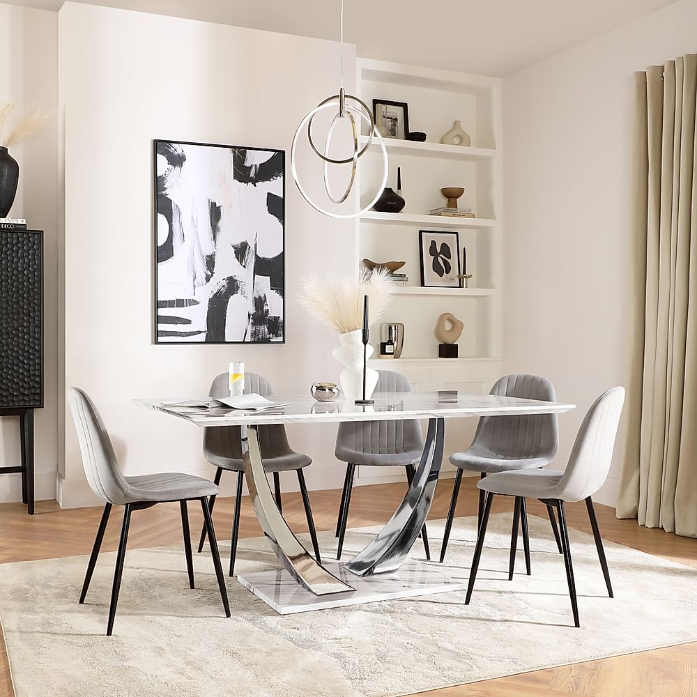 Peake Dining Table & 4 Brooklyn Chairs, White Marble Effect & Chrome, Grey Classic Velvet & Black Steel, 160cm