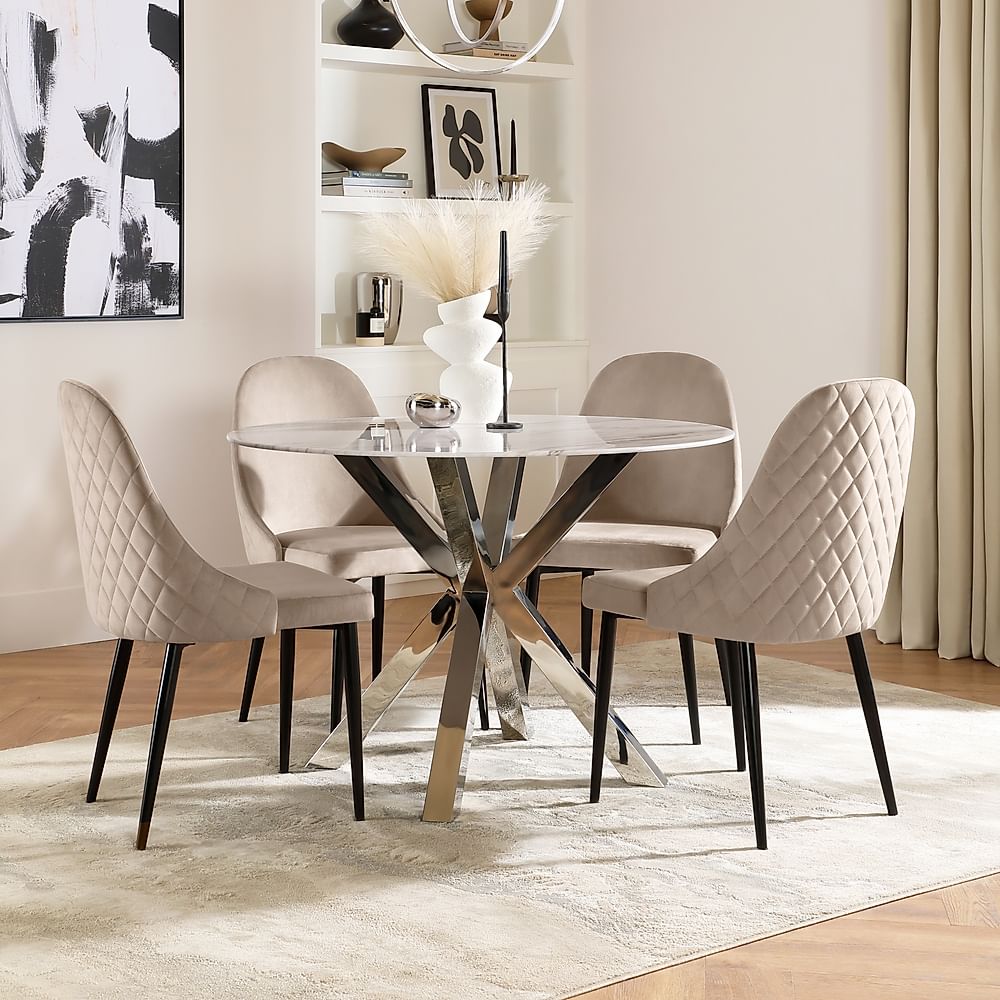 Plaza Round Dining Table & 4 Ricco Chairs, Grey, Chrome, Marble Effect ...