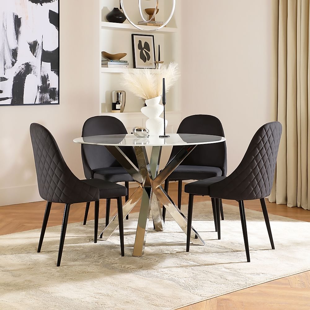 Plaza Round White Marble and Chrome Dining Table with 4 Ricco Black ...