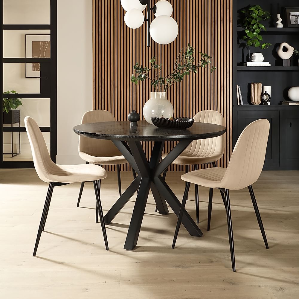 Newark Round Dining Table & 4 Brooklyn Chairs, Black Oak Effect & Black Steel, Champagne Classic Velvet, 110cm