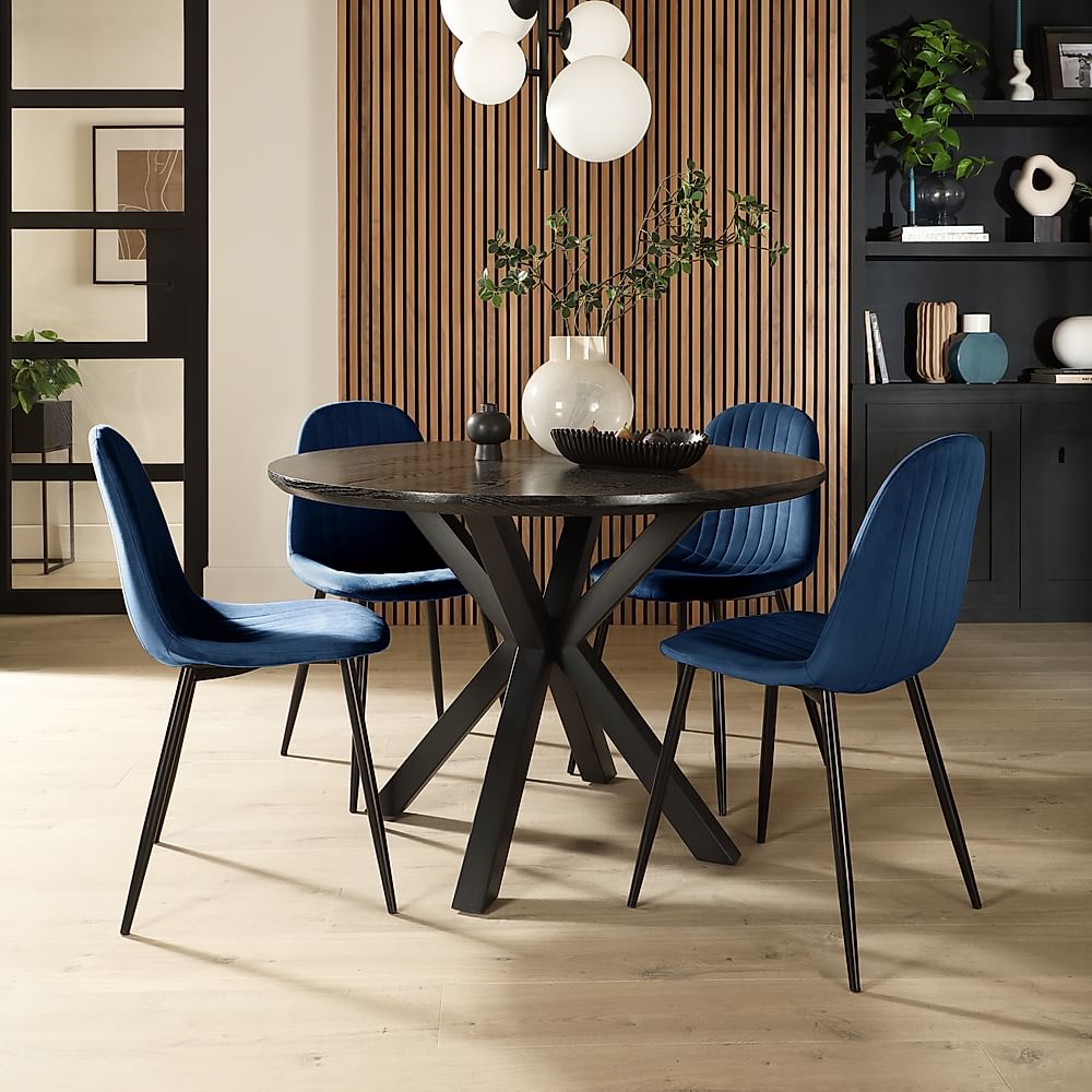 Newark Round Dining Table & 4 Brooklyn Chairs, Black Oak Effect & Black Steel, Blue Classic Velvet, 110cm