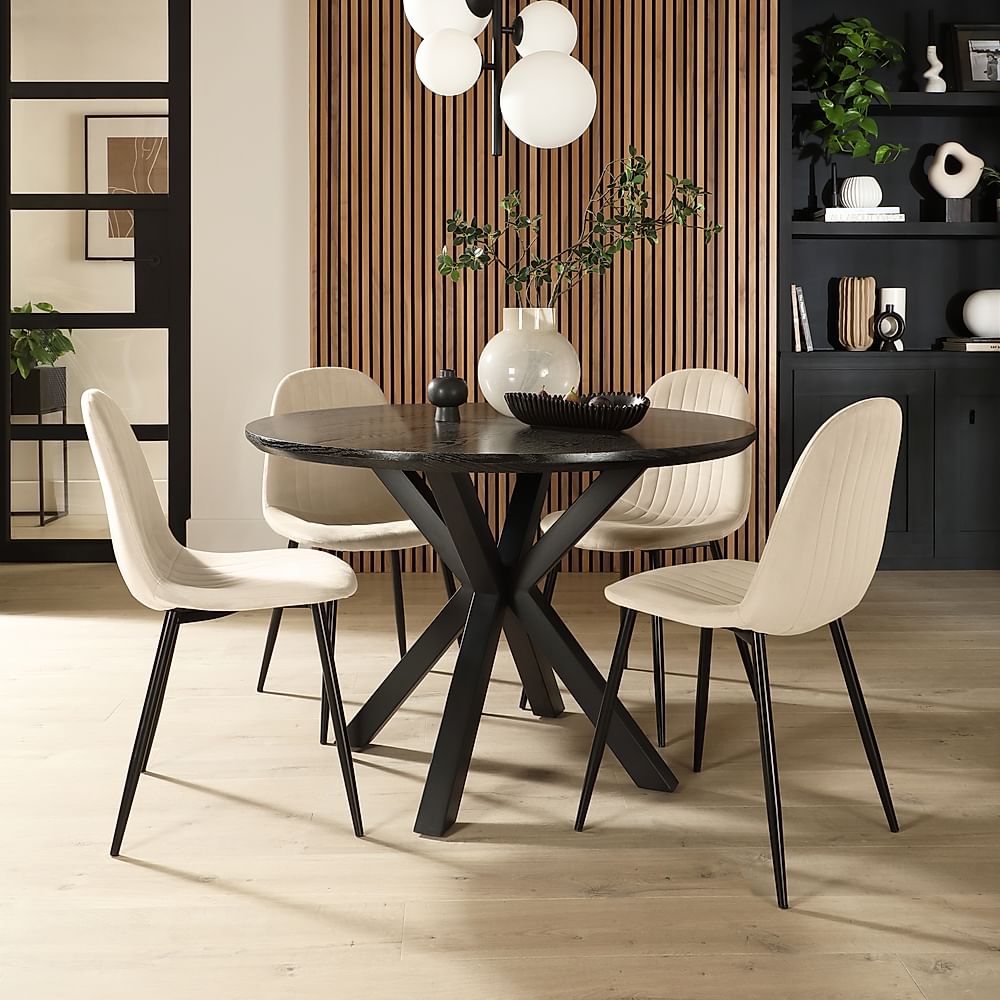 Newark Round Dining Table & 4 Brooklyn Chairs, Black Oak Effect & Black Steel, Ivory Classic Plush Fabric, 110cm