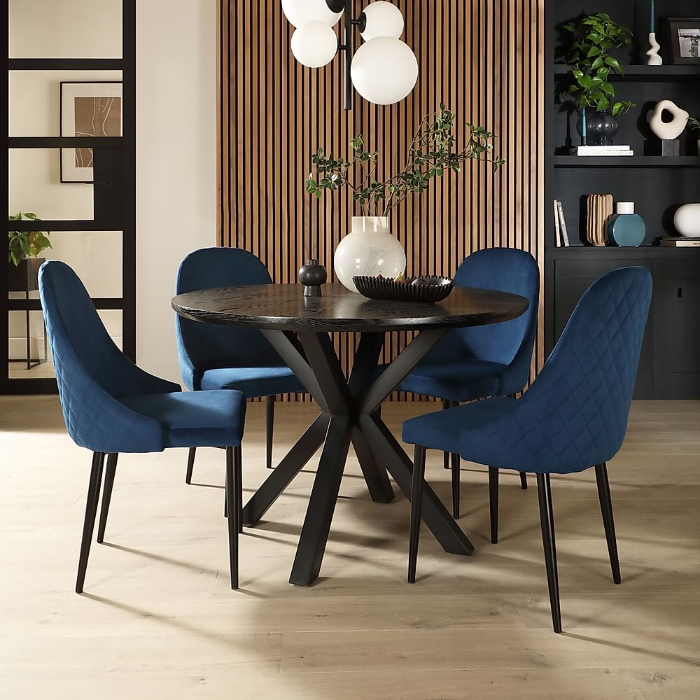 Newark Round Dining Table & 4 Ricco Chairs, Black Oak Effect & Black Steel, Blue Classic Velvet, 110cm