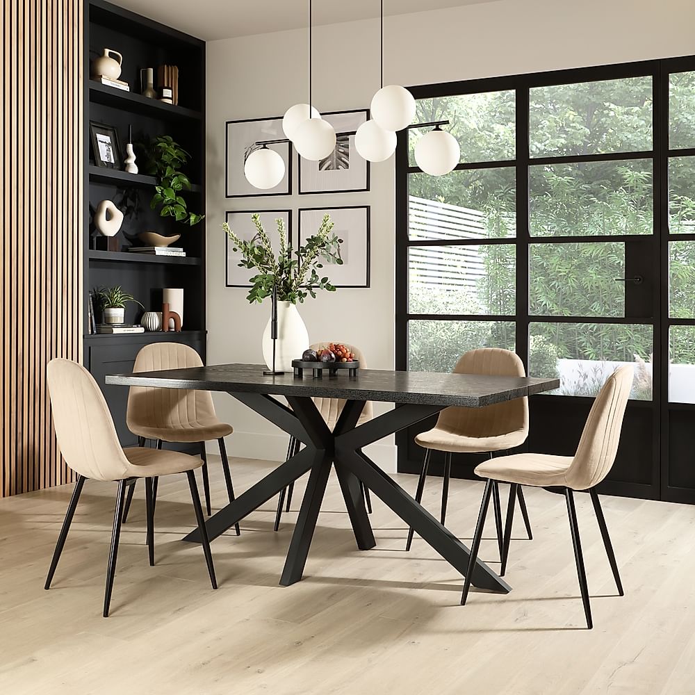 Madison Dining Table & 4 Brooklyn Chairs, Black Oak Effect & Black Steel, Champagne Classic Velvet, 160cm