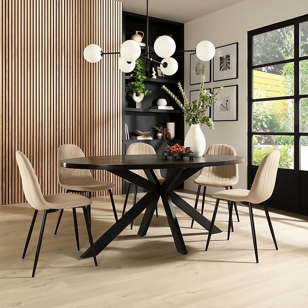 Madison Oval Dining Table & 6 Brooklyn Chairs, Black Oak Effect & Black Steel, Champagne Classic Velvet, 160cm