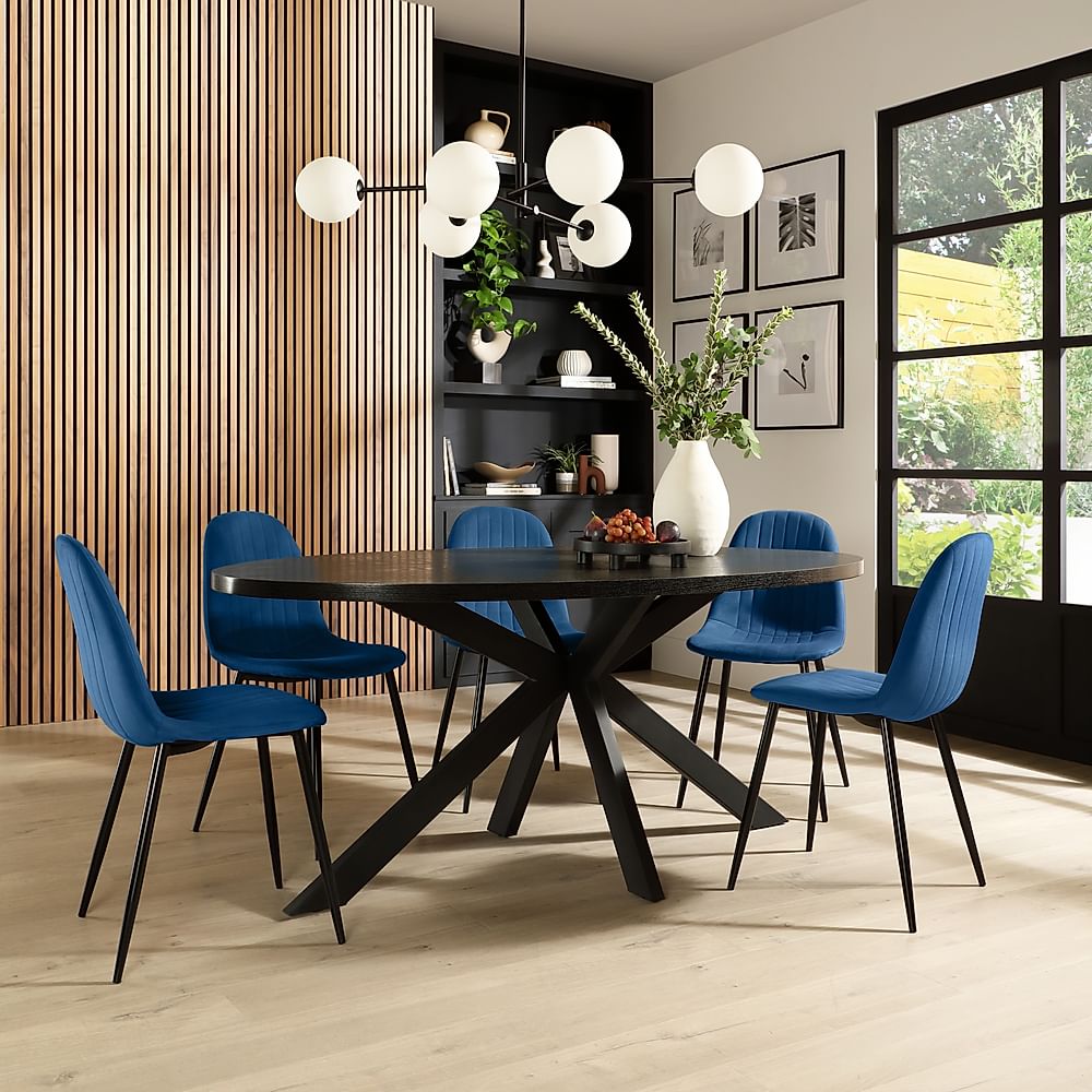 Madison Oval Dining Table & 6 Brooklyn Chairs, Black Oak Effect & Black Steel, Blue Classic Velvet, 160cm
