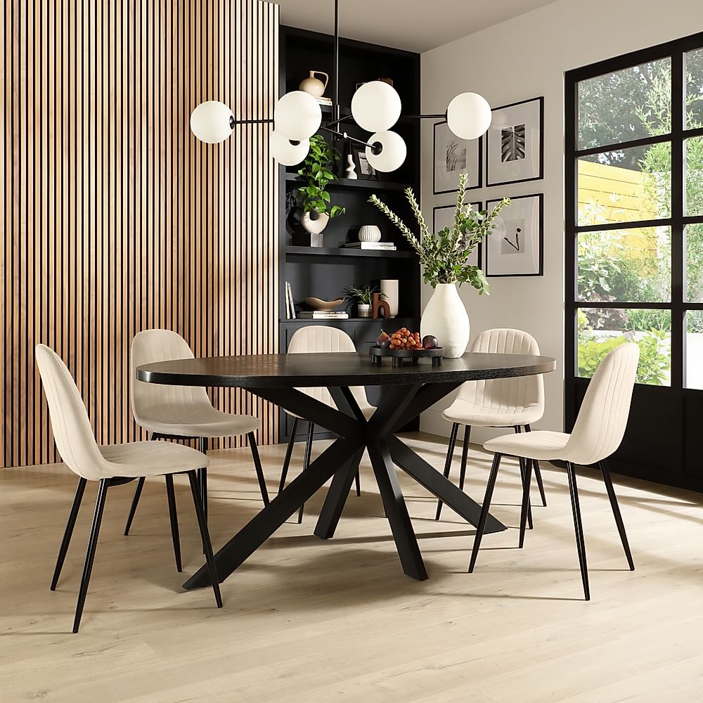 Madison Oval Dining Table & 6 Brooklyn Chairs, Black Oak Effect & Black Steel, Ivory Classic Plush Fabric, 160cm