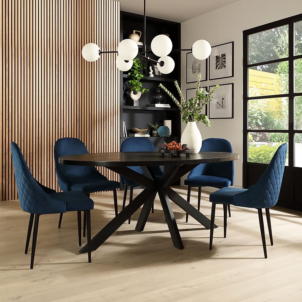 Madison Oval Dining Table & 4 Ricco Chairs, Black Oak Effect & Black Steel, Blue Classic Velvet, 160cm