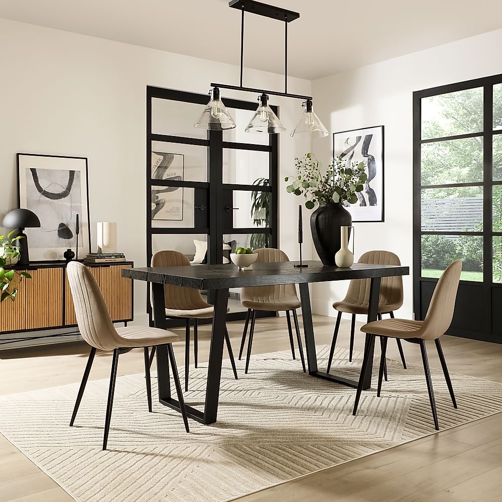 Addison Dining Table & 6 Brooklyn Chairs, Black Oak Effect & Black Steel, Champagne Classic Velvet, 150cm