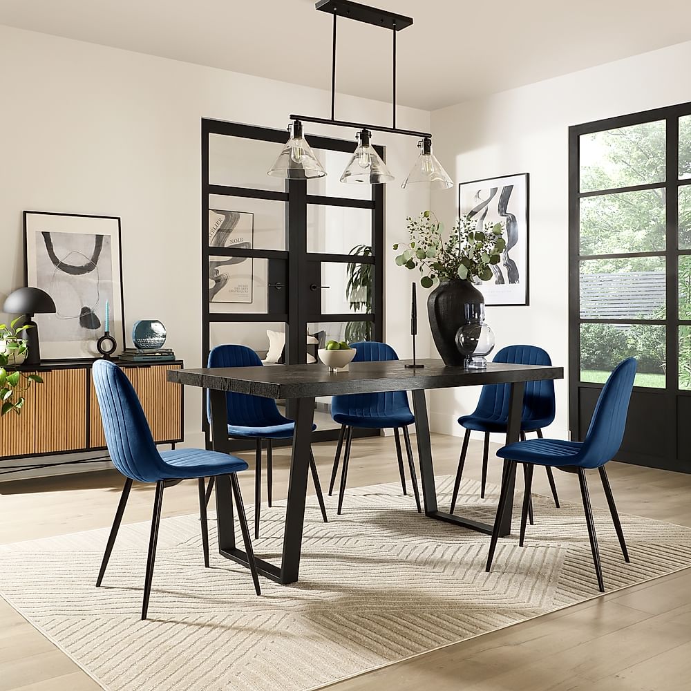 Addison Dining Table & 4 Brooklyn Chairs, Black Oak Effect & Black Steel, Blue Classic Velvet, 150cm