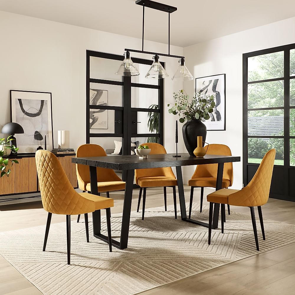 Addison Dining Table & 6 Ricco Chairs, Black Oak Effect & Black Steel, Mustard Classic Velvet, 150cm