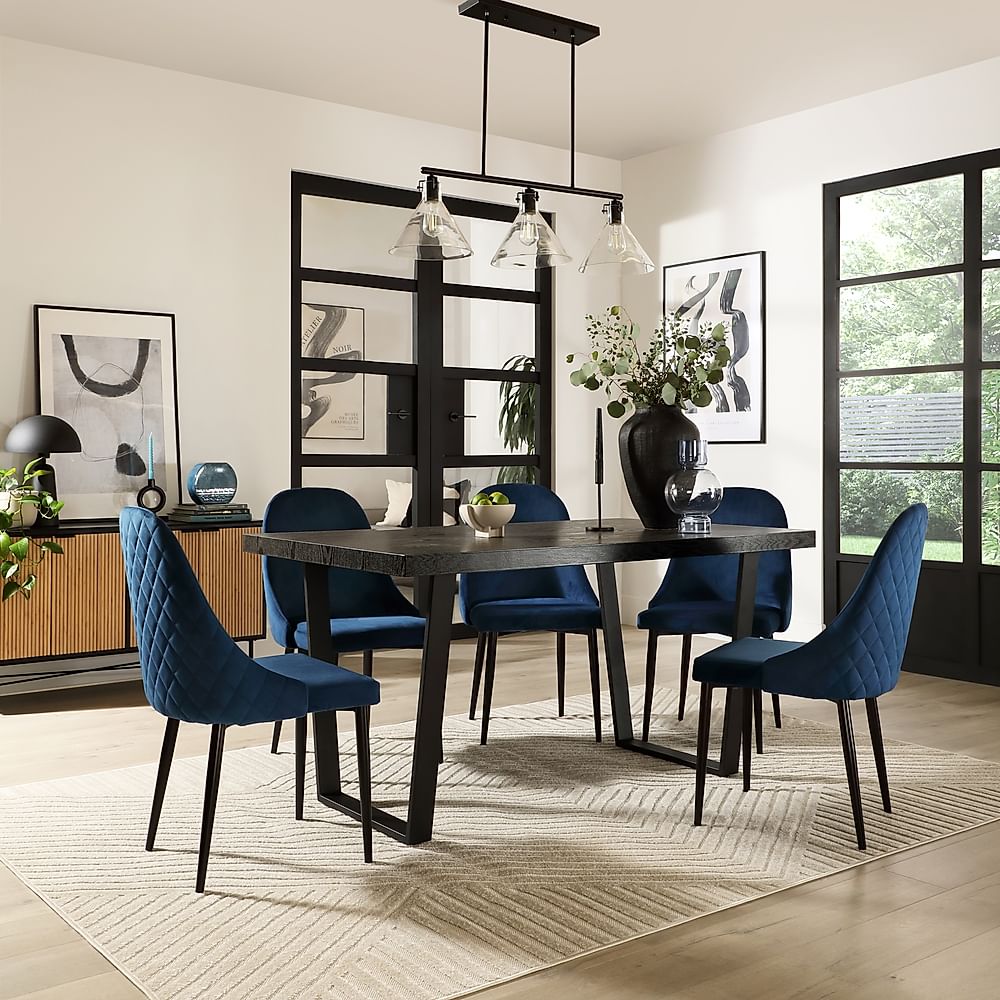 Addison Dining Table & 4 Ricco Chairs, Black Oak Effect & Black Steel, Blue Classic Velvet, 150cm