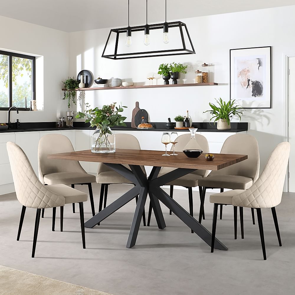 Madison Industrial Dining Table & 4 Ricco Chairs, Walnut Effect & Black Steel, Champagne Classic Velvet, 160cm