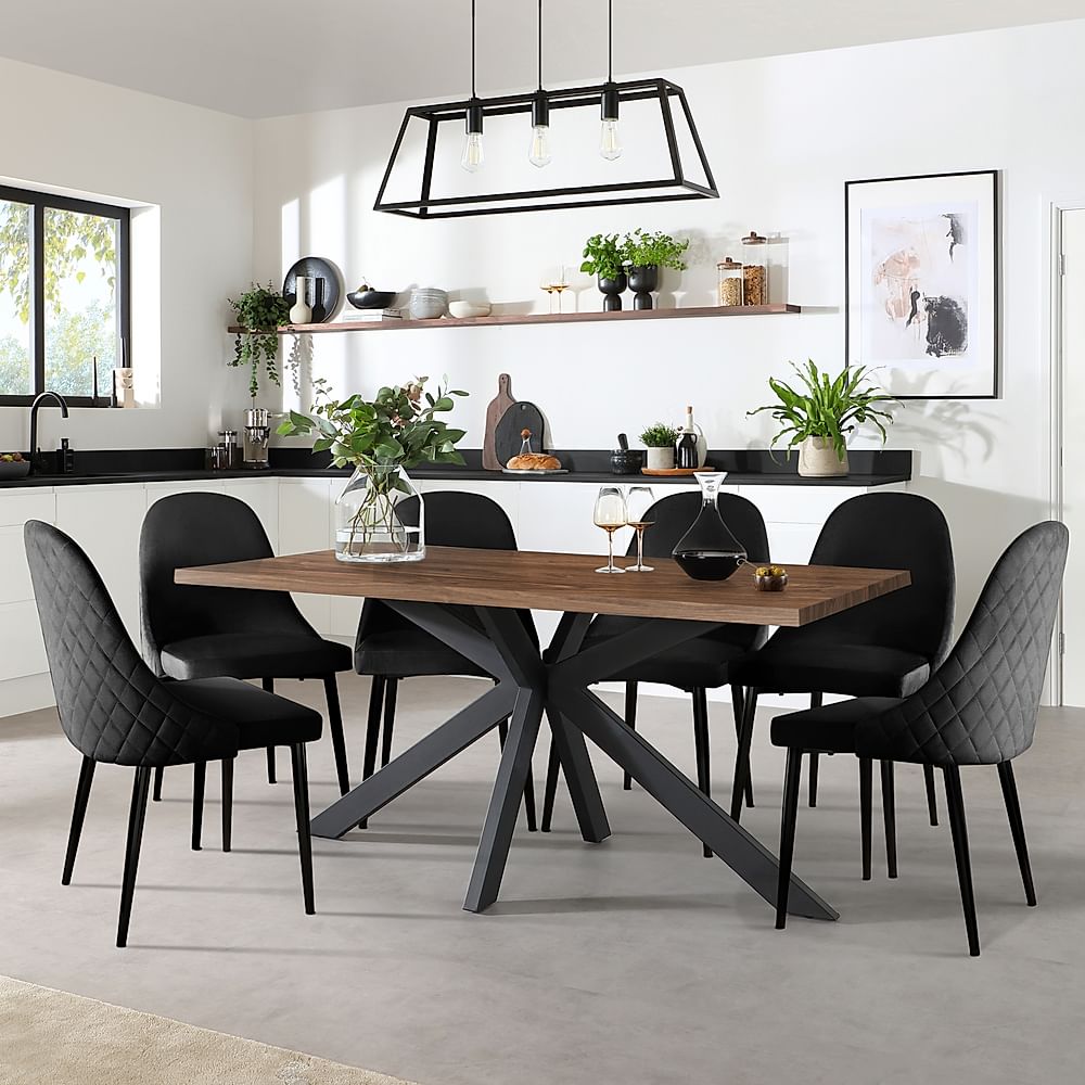 Madison Industrial Dining Table & 4 Ricco Chairs, Walnut Effect & Black Steel, Black Classic Velvet, 160cm