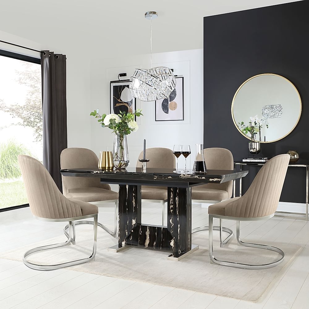 Florence Extending Dining Table & 4 Riva Chairs, Black Marble Effect, Champagne Classic Velvet & Chrome, 120-160cm
