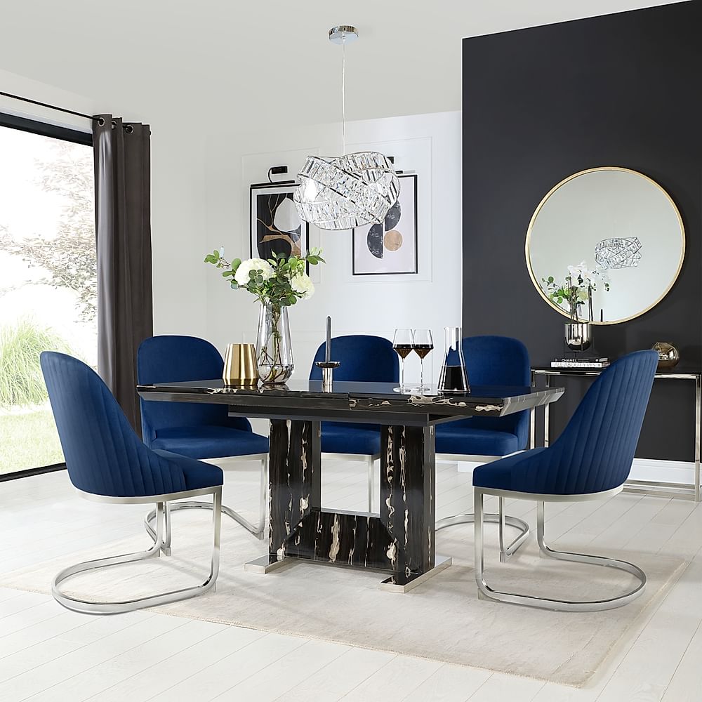 Florence Extending Dining Table & 4 Riva Chairs, Black Marble Effect, Blue Classic Velvet & Chrome, 120-160cm