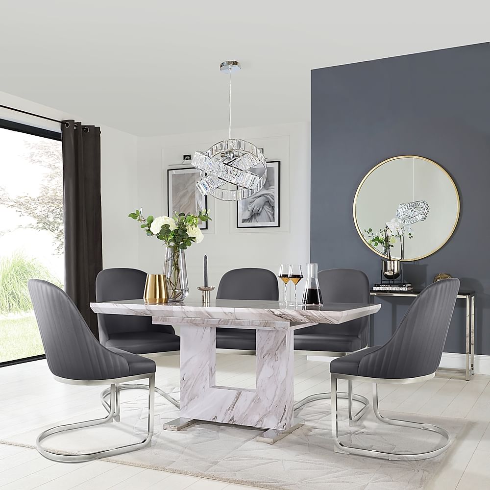 Florence Extending Dining Table & 4 Riva Chairs, Grey Marble Effect, Grey Premium Faux Leather & Chrome, 120-160cm