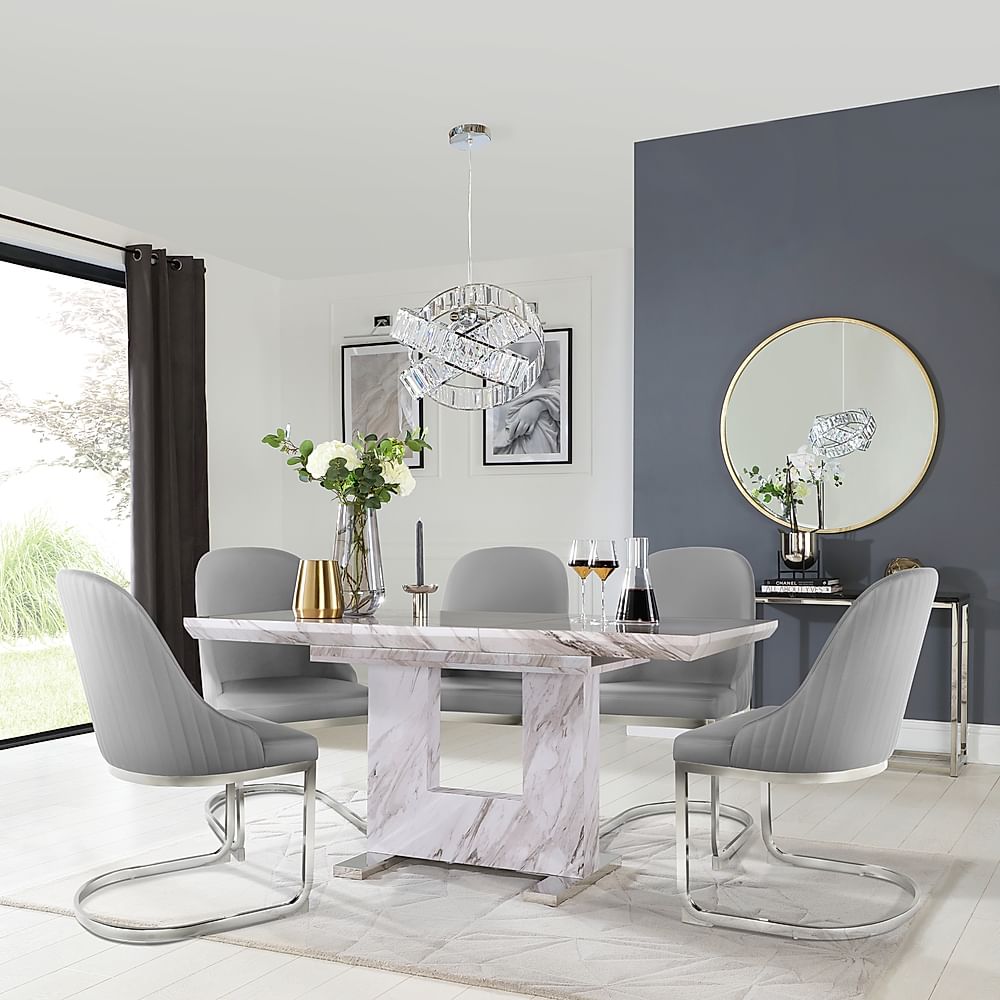 Florence Extending Dining Table & 4 Riva Chairs, Grey Marble Effect, Light Grey Premium Faux Leather & Chrome, 120-160cm