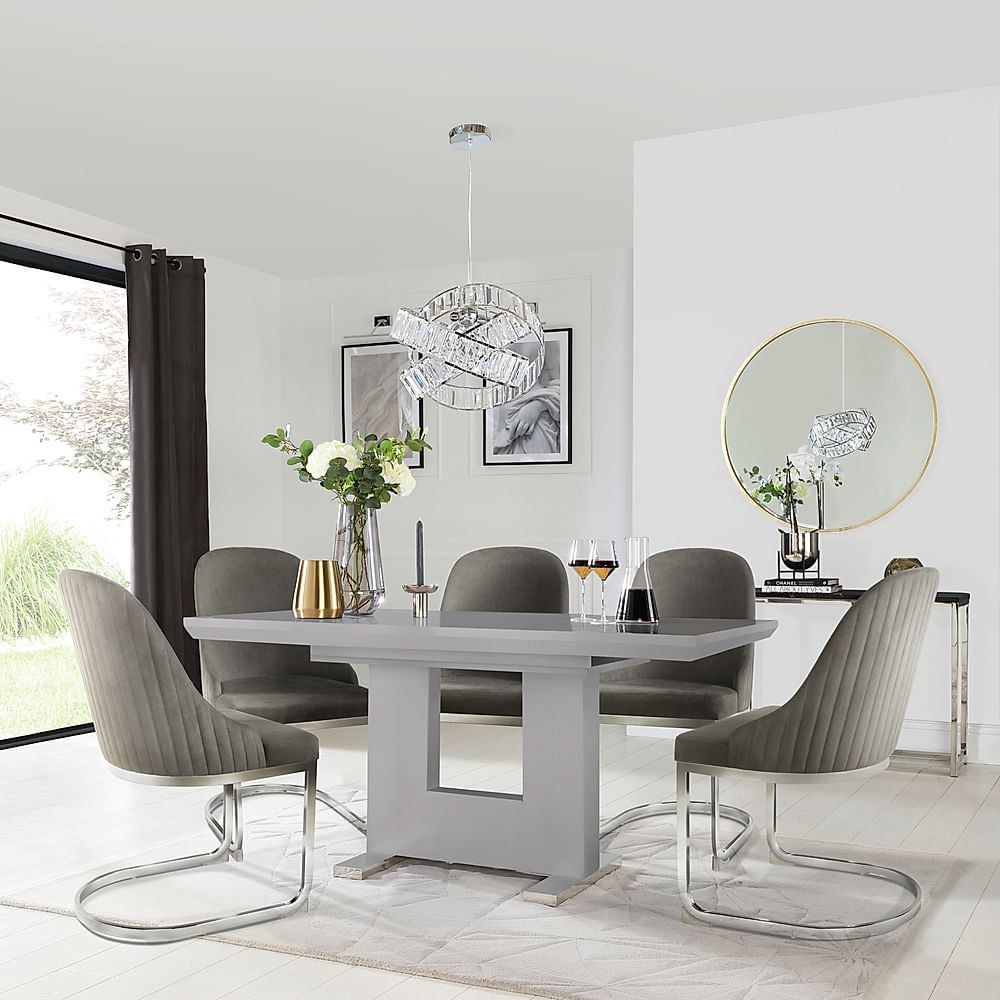 Florence Extending Dining Table & 4 Riva Chairs, Grey High Gloss, Grey Classic Velvet & Chrome, 120-160cm