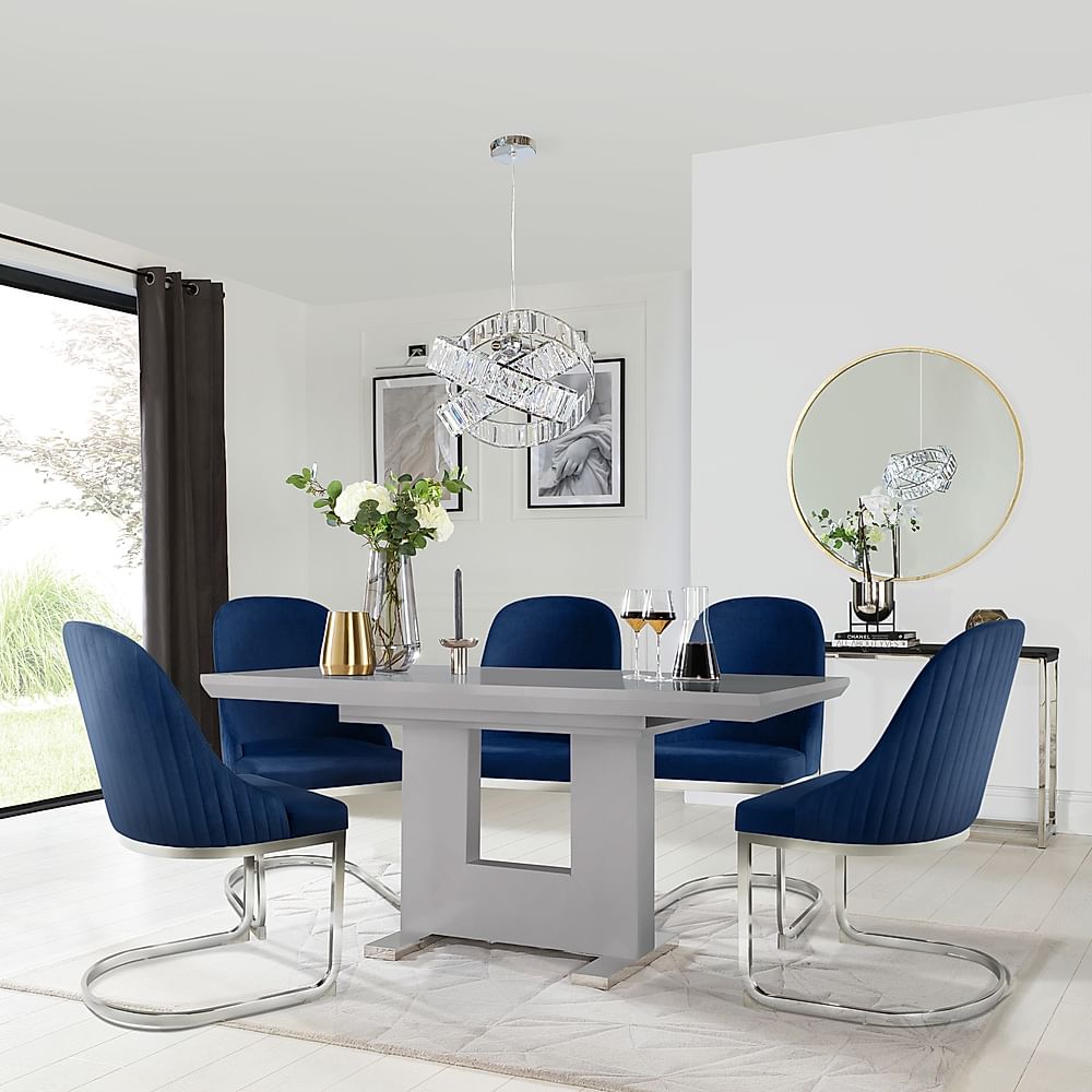 Florence Extending Dining Table & 6 Riva Chairs, Grey High Gloss, Blue 