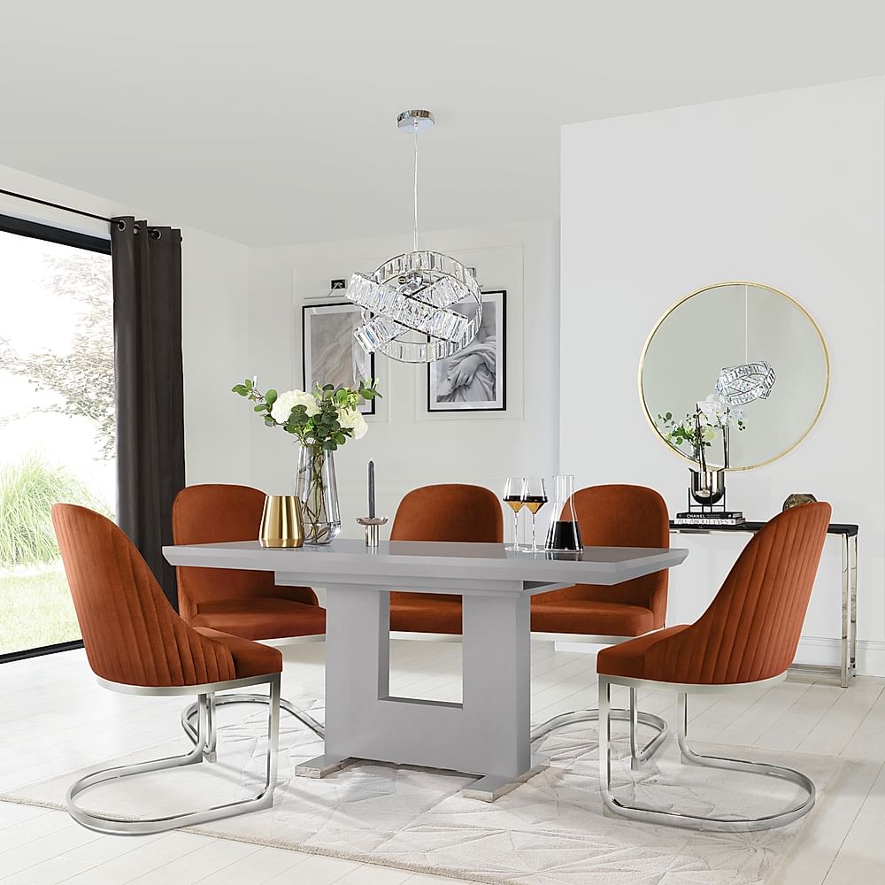 Florence Extending Dining Table & 4 Riva Chairs, Grey High Gloss, Burnt Orange Classic Velvet & Chrome, 120-160cm