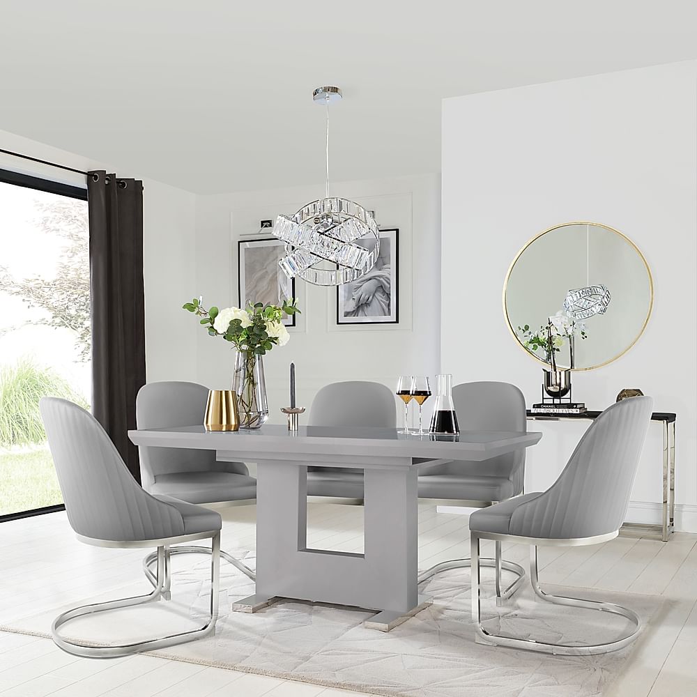 Florence Extending Dining Table & 4 Riva Chairs, Grey High Gloss, Light Grey Premium Faux Leather & Chrome, 120-160cm