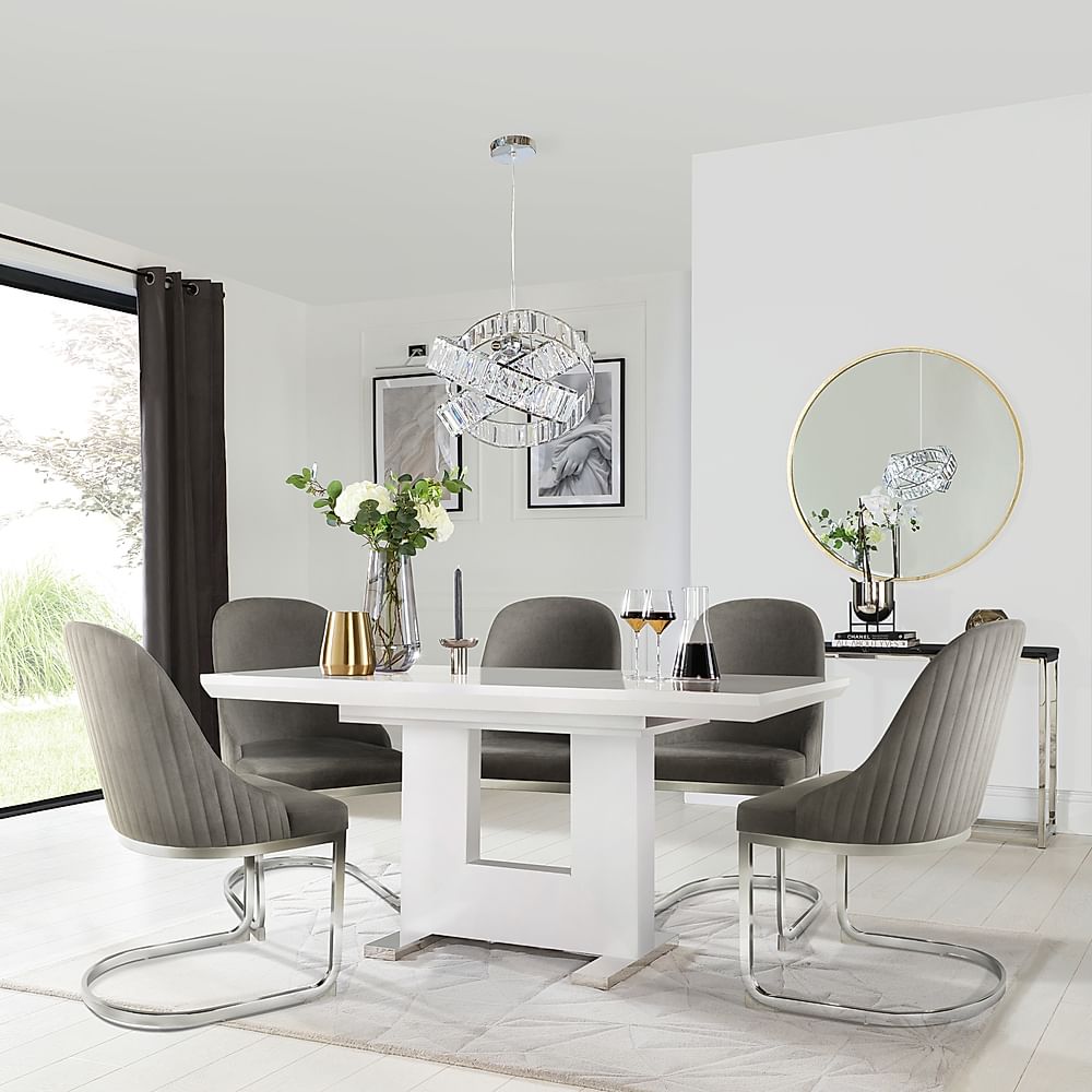 Florence Extending Dining Table & 6 Riva Chairs, White High Gloss, Grey Classic Velvet & Chrome, 120-160cm