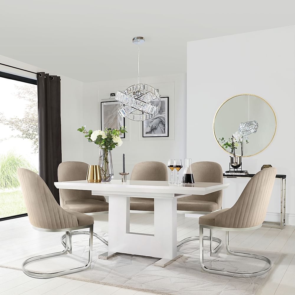 Florence Extending Dining Table & 4 Riva Chairs, White High Gloss, Champagne Classic Velvet & Chrome, 120-160cm