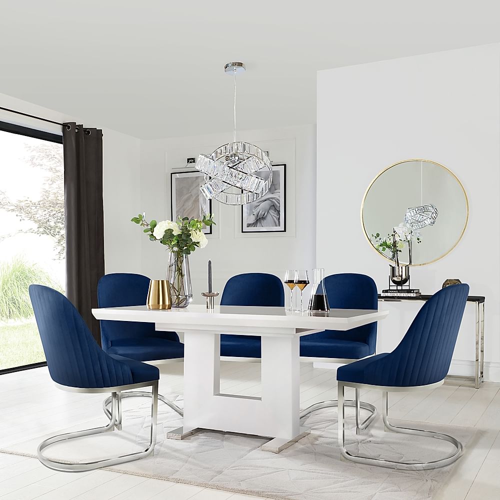 Florence Extending Dining Table & 6 Riva Chairs, White High Gloss, Blue Classic Velvet & Chrome, 120-160cm