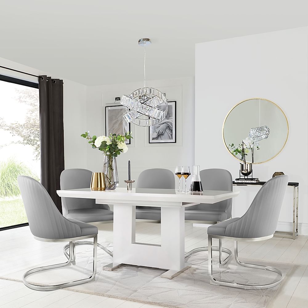 Florence Extending Dining Table & 6 Riva Chairs, White High Gloss, Light Grey Premium Faux Leather & Chrome, 120-160cm