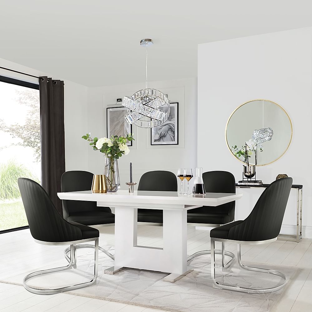 Florence Extending Dining Table & 6 Riva Chairs, White High Gloss, Black Premium Faux Leather & Chrome, 120-160cm