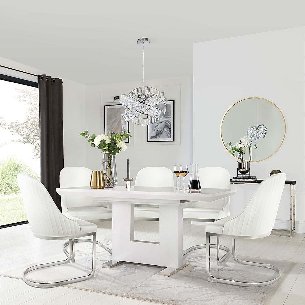 Florence Extending Dining Table & 4 Riva Chairs, White High Gloss, White Premium Faux Leather & Chrome, 120-160cm