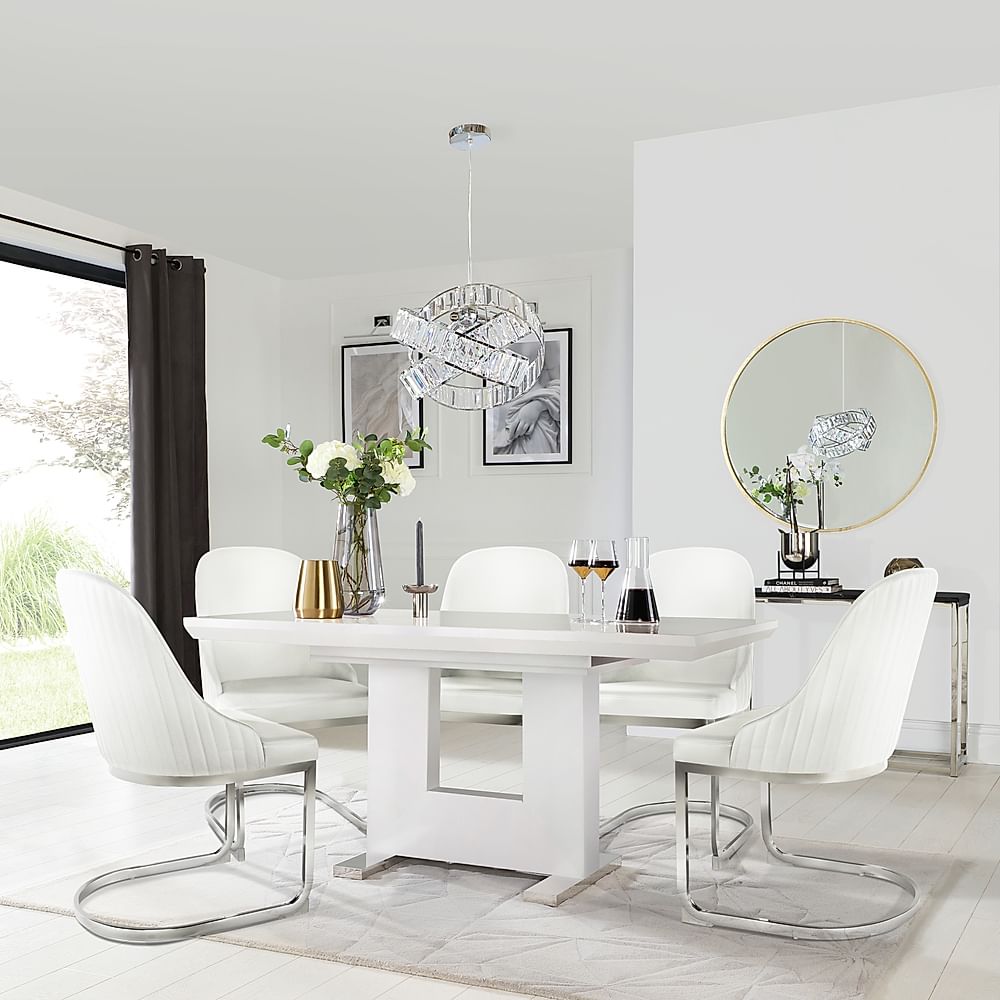 Florence Extending Dining Table & 6 Riva Chairs, White High Gloss, White Premium Faux Leather & Chrome, 120-160cm