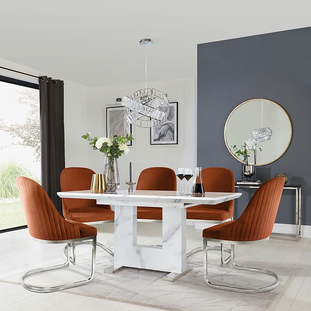 Florence Extending Dining Table & 4 Riva Chairs, White Marble Effect, Burnt Orange Classic Velvet & Chrome, 120-160cm
