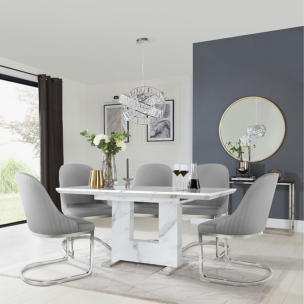 Florence Extending Dining Table & 6 Riva Chairs, White Marble Effect, Light Grey Premium Faux Leather & Chrome, 120-160cm