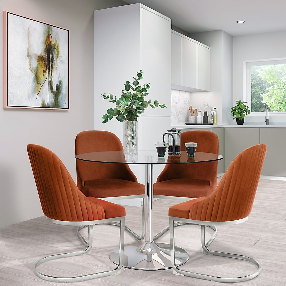 Orbit Round Dining Table & 4 Riva Chairs, Glass & Chrome, Burnt Orange Classic Velvet, 110cm