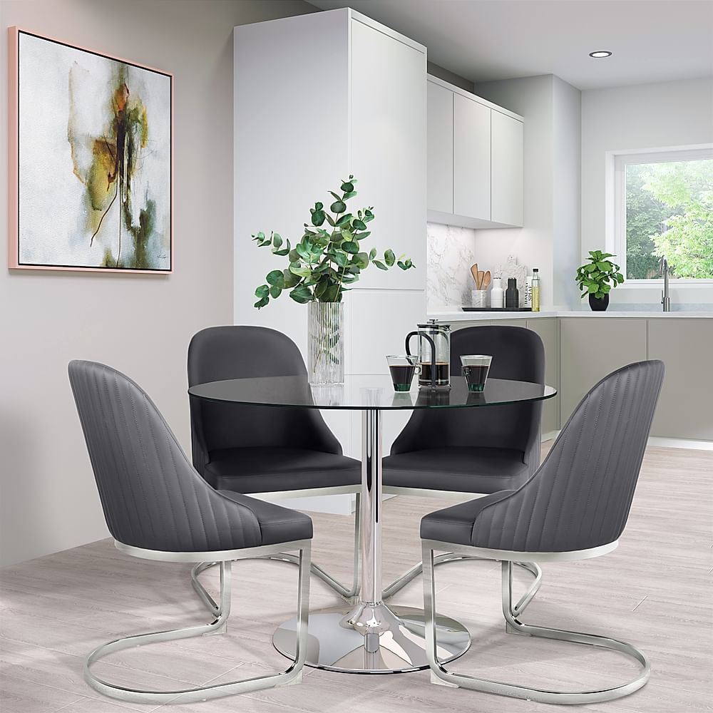 Orbit Round Dining Table & 4 Riva Chairs, Glass & Chrome, Grey Premium Faux Leather, 110cm