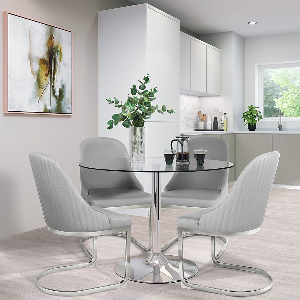 Orbit Round Dining Table & 4 Riva Chairs, Glass & Chrome, Light Grey Premium Faux Leather, 110cm