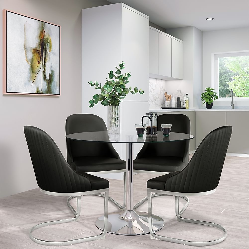 Orbit Round Dining Table & 4 Riva Chairs, Glass & Chrome, Black Premium Faux Leather, 110cm