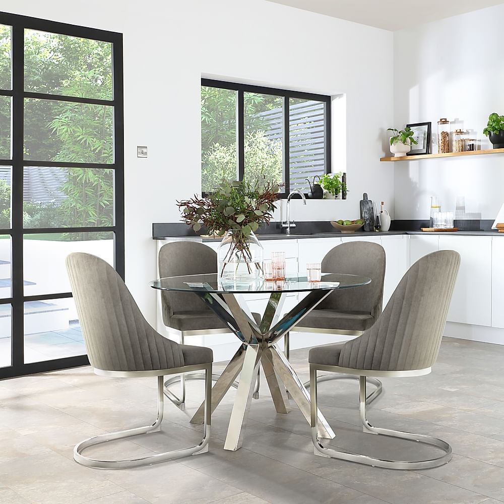 Plaza Round Dining Table & 4 Riva Chairs, Glass & Chrome, Grey Classic Velvet, 110cm