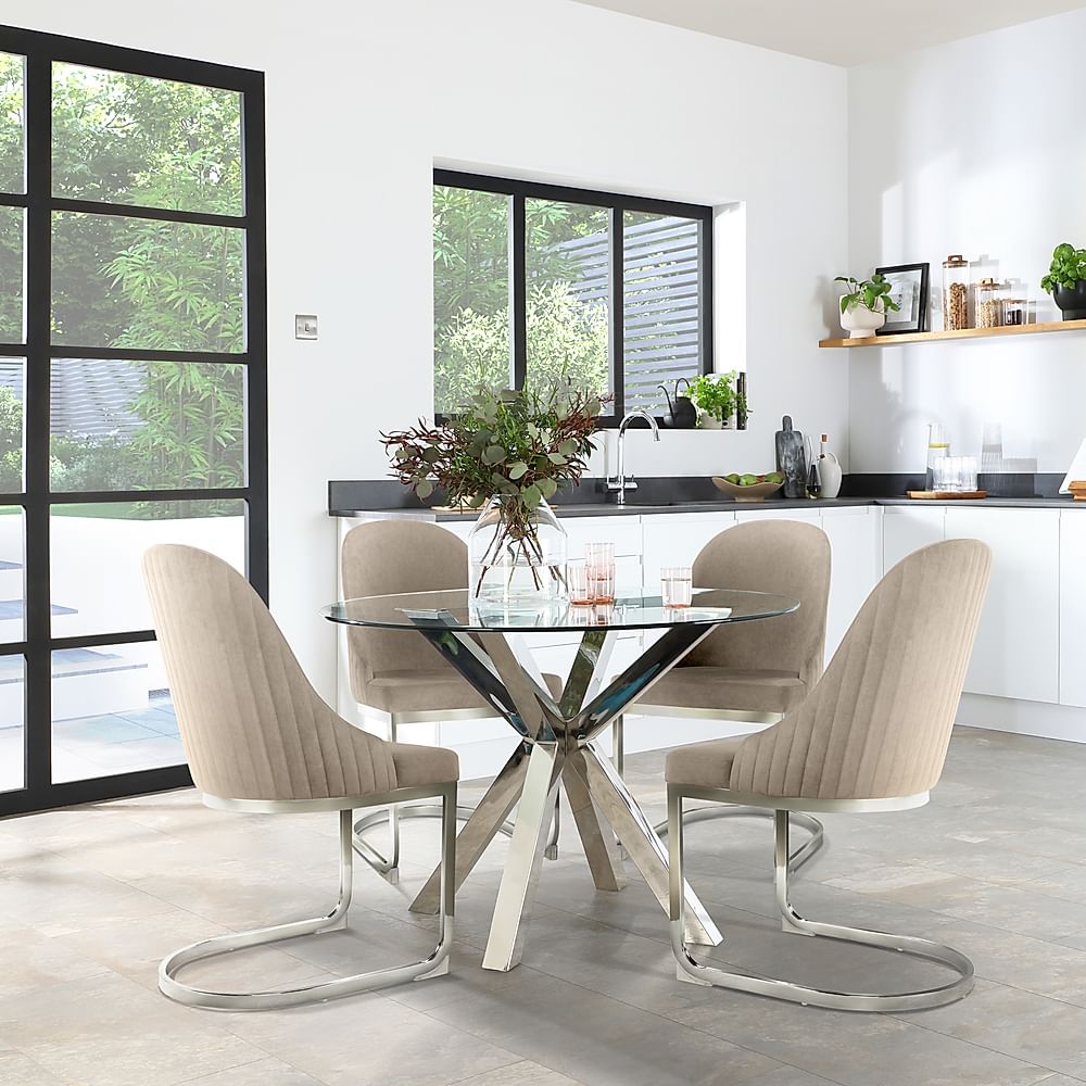 Plaza Round Dining Table & 4 Riva Chairs, Glass & Chrome, Champagne Classic Velvet, 110cm